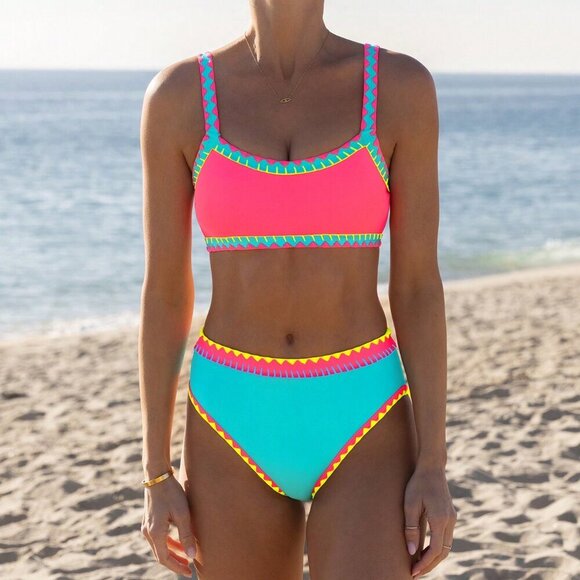 Multicolor Casual Women's Beach Shell Trim Bralette Color Block Bikini Set - Picture 4 of 4